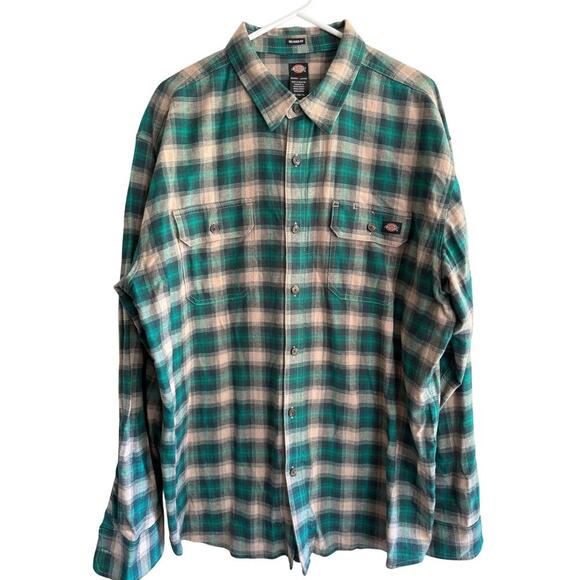 Men’s Dickies Navy Cream Tan Plaid Flannel Button Up Relaxed Fit size XL - Picture 3 of 6